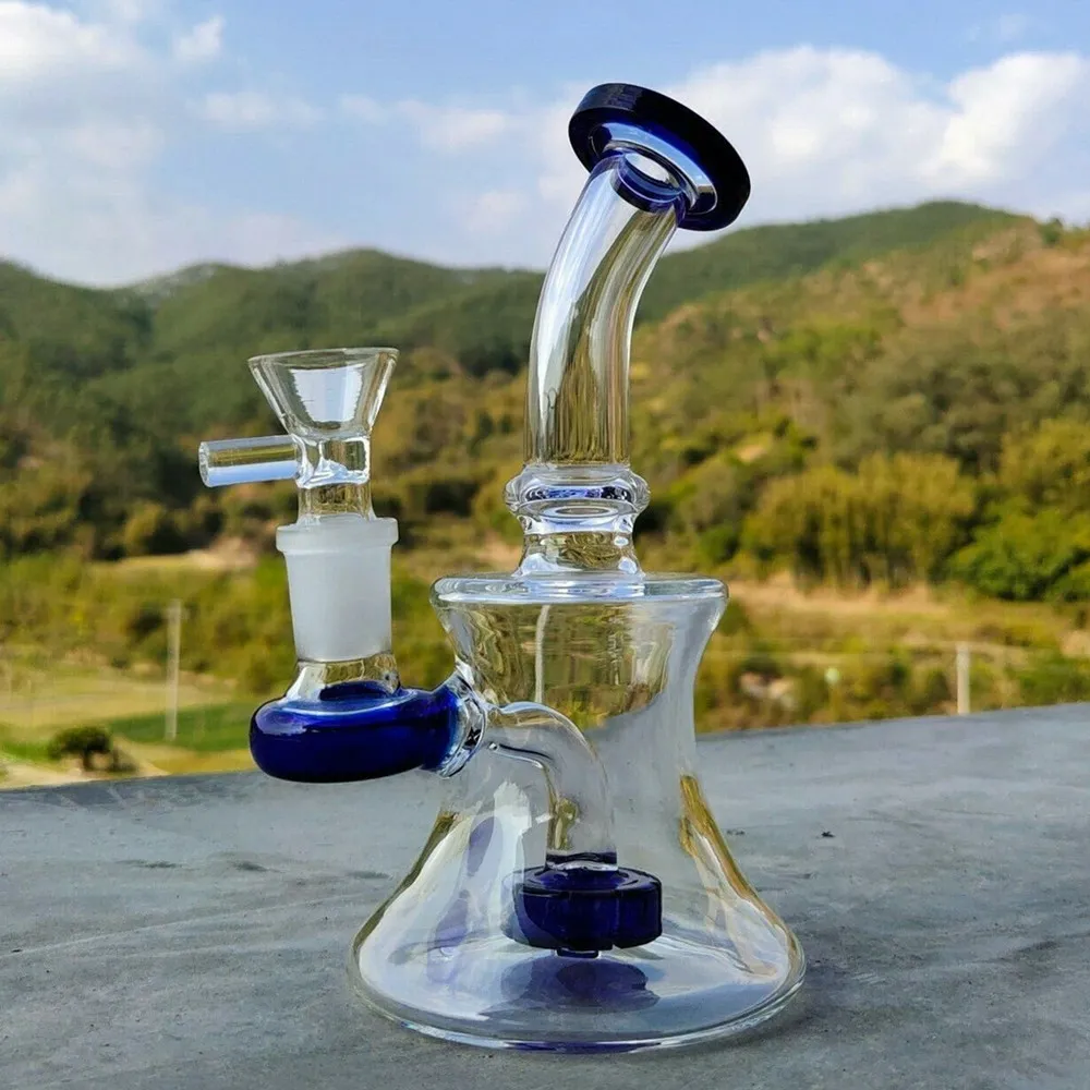 Liten Glass Hookah Dab Rigs Recycler Oil Rig Bubblers Blue Purple Bong Water Pipes med 14 mm fog