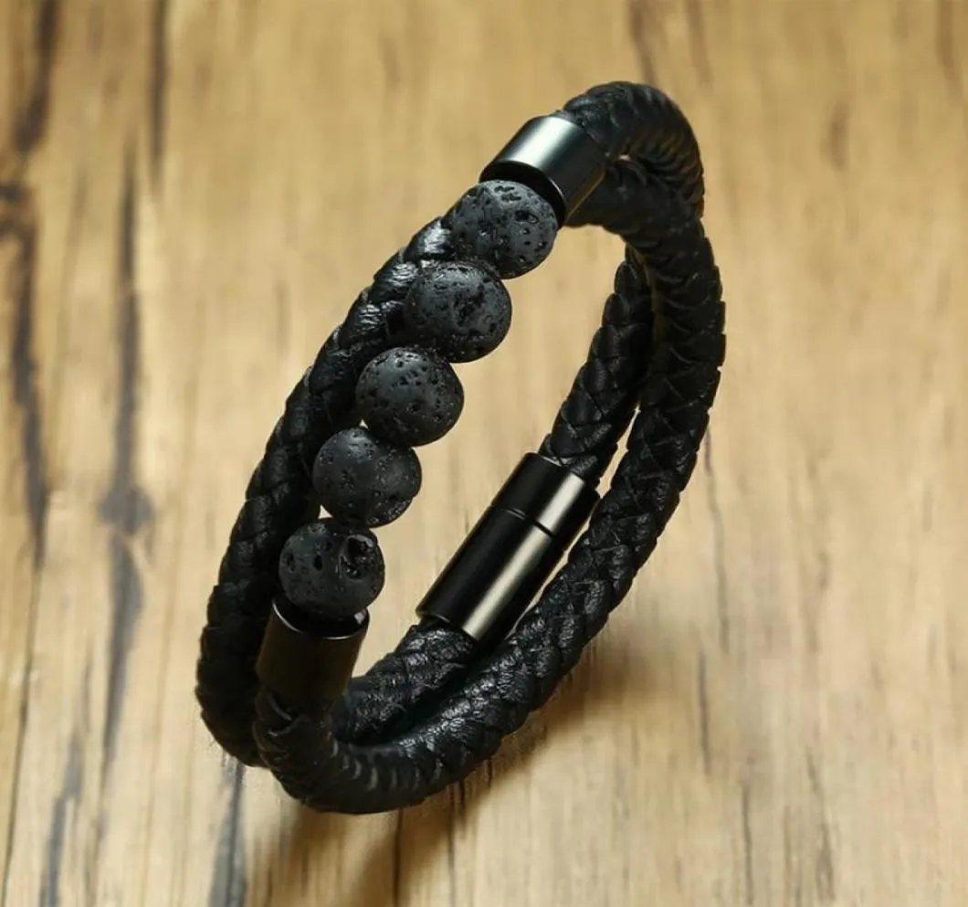 Bracelet à breloques en cuir microfibre tressé noir Bracelet en perles de pierre de lave naturelle hommes santé aimant boucle bijoux 74412422320197