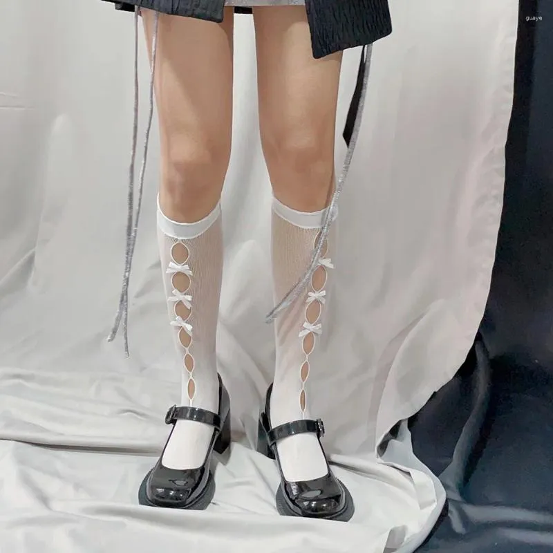 Skarpetki dla kobiet lolita bowknot długie przezroczyste pończochy siatki żeńskie elastyczne cienkie wysokie kolano jk sukienka multimedia