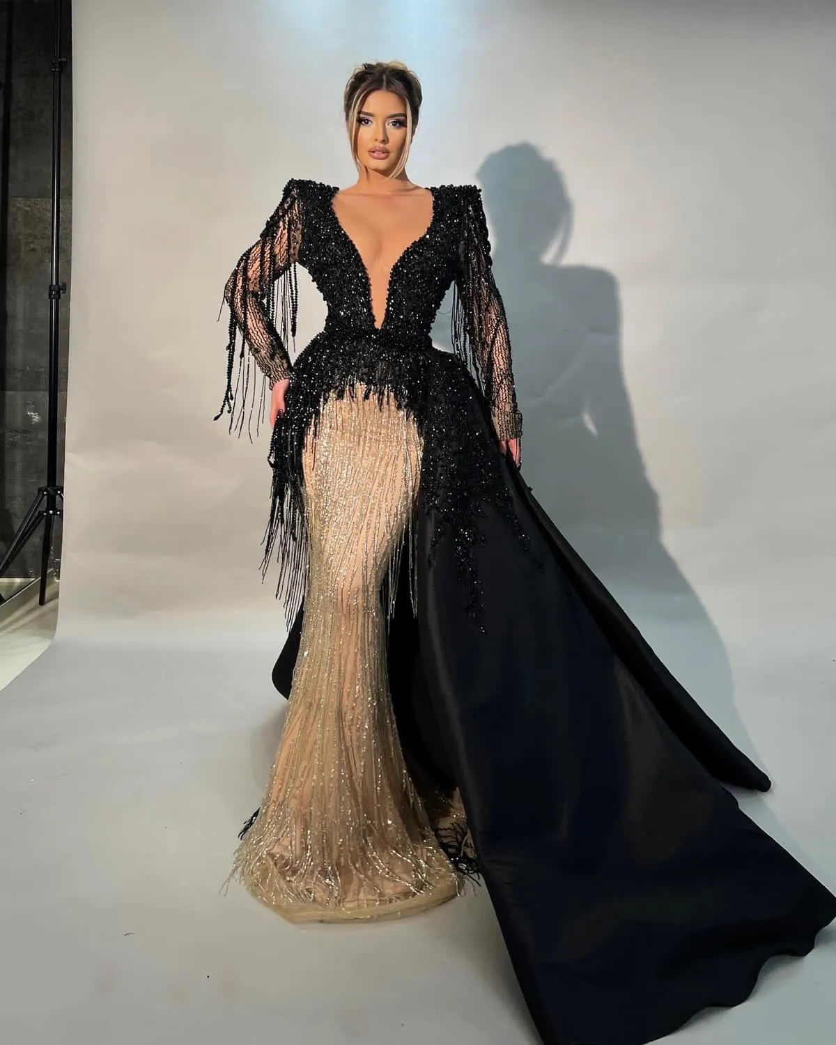 Black Champagne Mermaid Black beaded prom dress with Crystals and Beadings - Perfect for Evening Formal Parties, Second Reception, Birthday, and