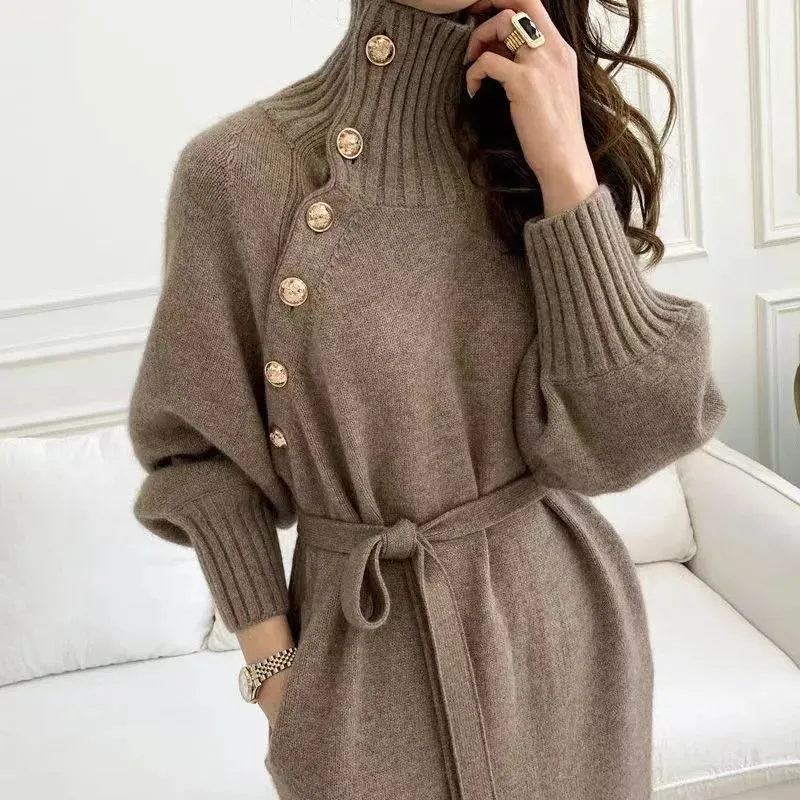 Autumn Winter French Temperament Undercoat Sweater Long Knee-length Knitted Dress Belted High-neck Loose Knit 231228