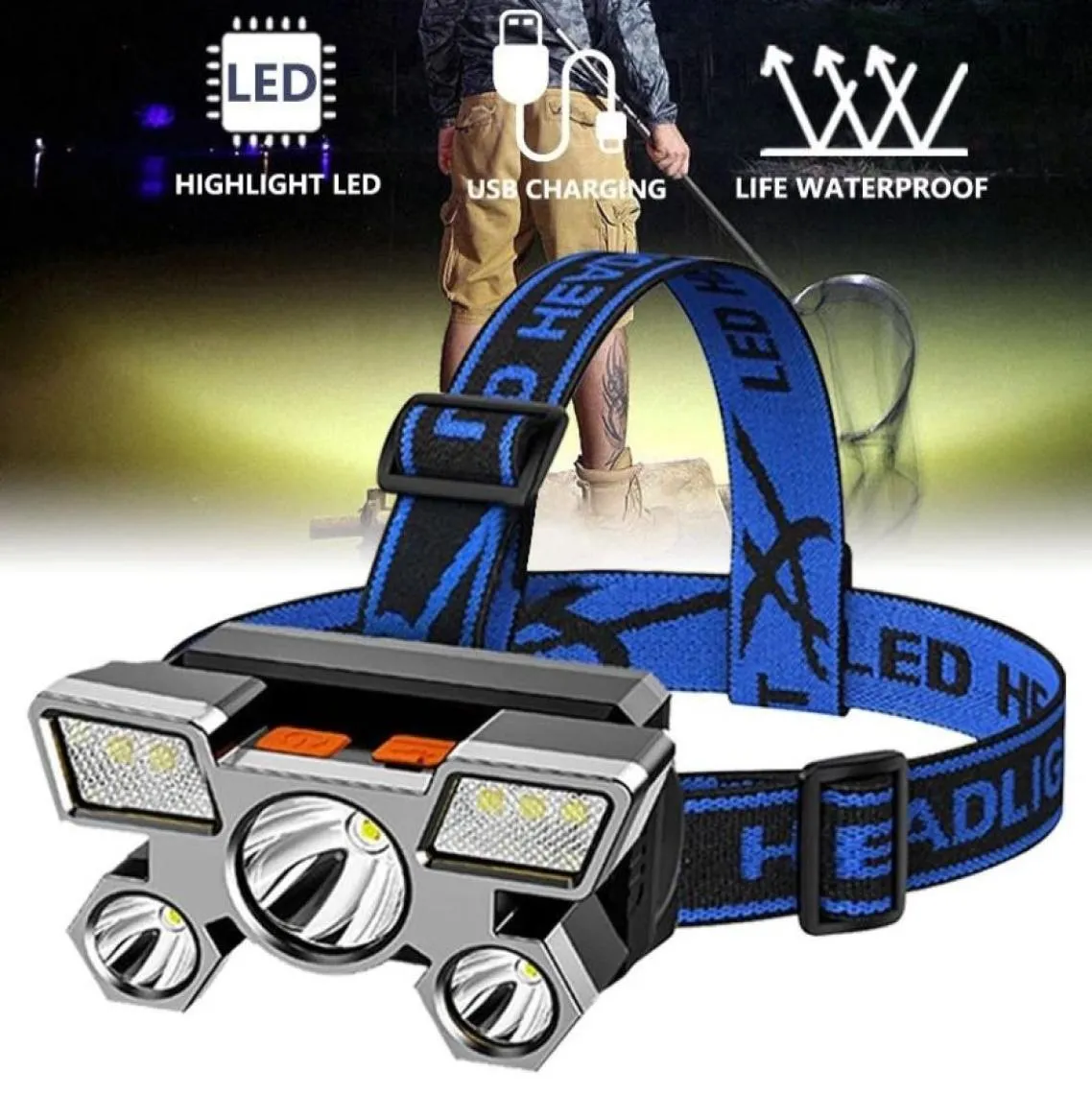 LED MINE LAMP FLASH LIGHT FEMHEAD Strålkastare Stark ljus Superljus laddningsbara fiskelampor Longrange R -huvudmonterade5309311