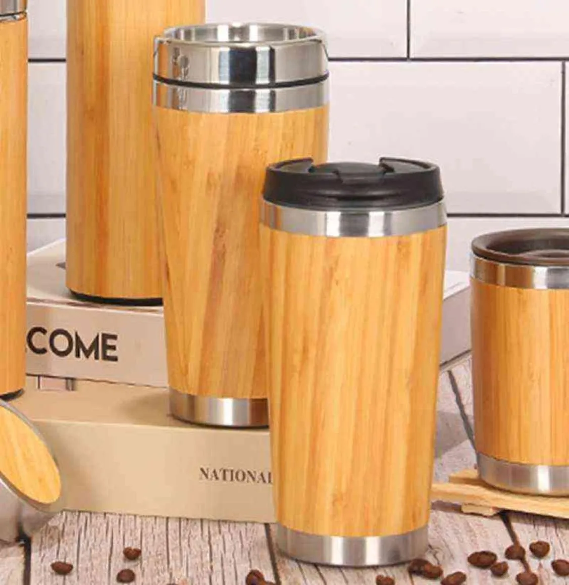 Gobelet à doublure en acier inoxydable, tasse à café isolée en bois, tasse de Camping de voyage, bouteille Thermos avec couvercle, cadeau 2111232040566