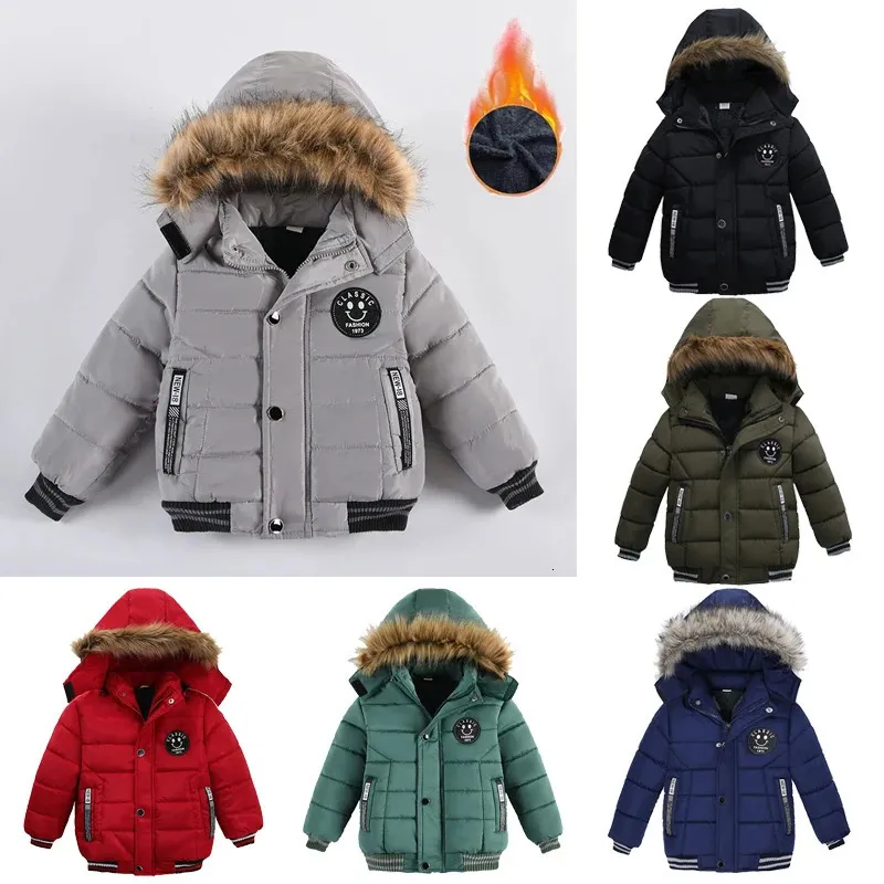 Зимняя куртка для маленьких мальчиков 2, 3, 4, 5, 6 лет, теплая модная осенняя куртка с капюшоном на молнии с меховым воротником, верхняя одежда, подарок на день рождения, детская одежда 231228