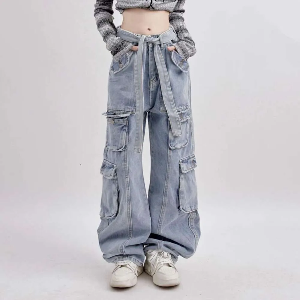 American High Street Jeans Women Spring Vintage Tide Brand Retro Multi-pocket Decoration Casual Straight Sports Pants