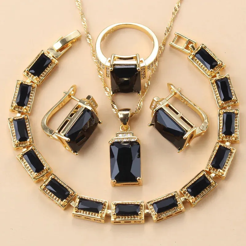 Arab Gold Color Jewelry Sets Dubai Bridal Wedding Costume Black Zirconia Bracelet Clip Earrings African Necklace for Women 231227