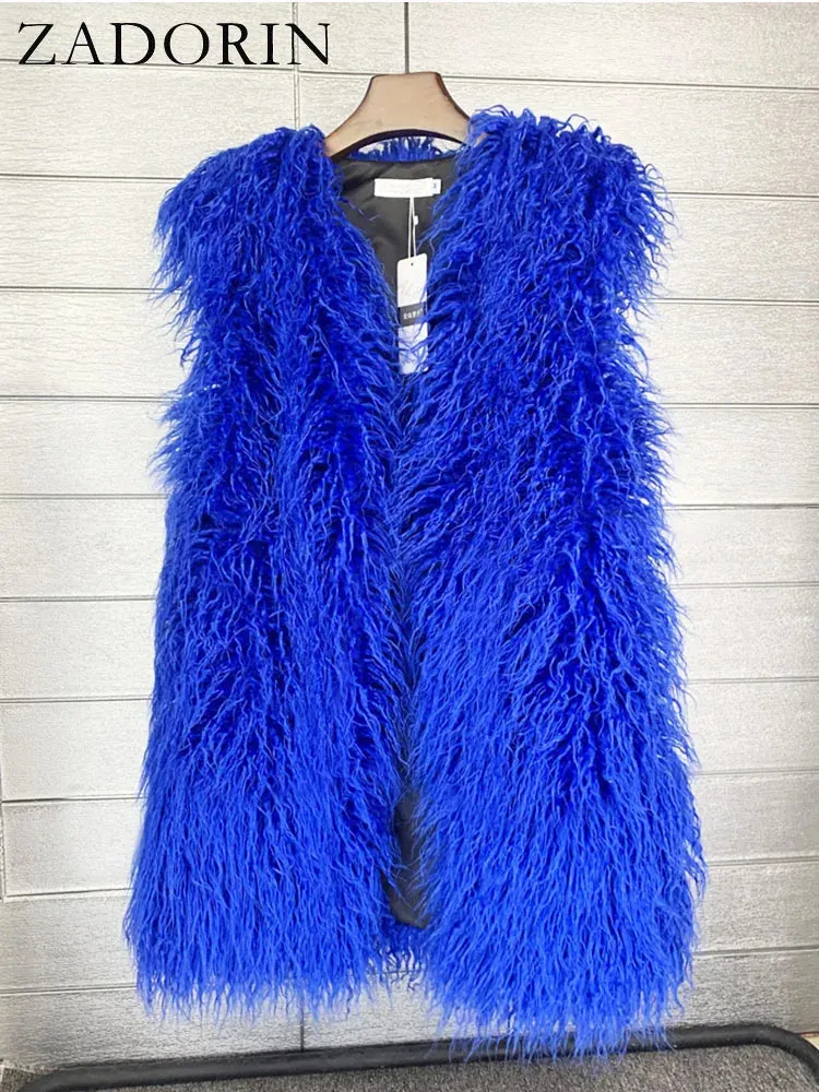 Zadorin Fashion hiver Mid Long Fluffy Faux Fur Vest Femmes colorées fausses mongoliques moutons fourrure gilets fausses vestes de fourrure Femmes manteaux 231227