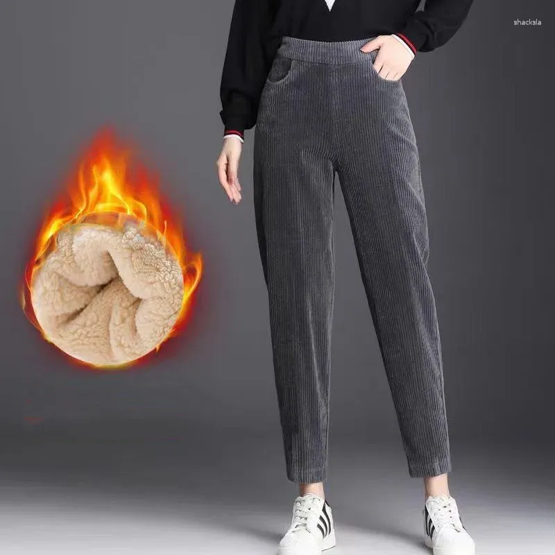 Spodnie damskie Plush i gęste jesienne zimowe patchwork Pockets Solid Kolor moda luźna sznurka prosta noga