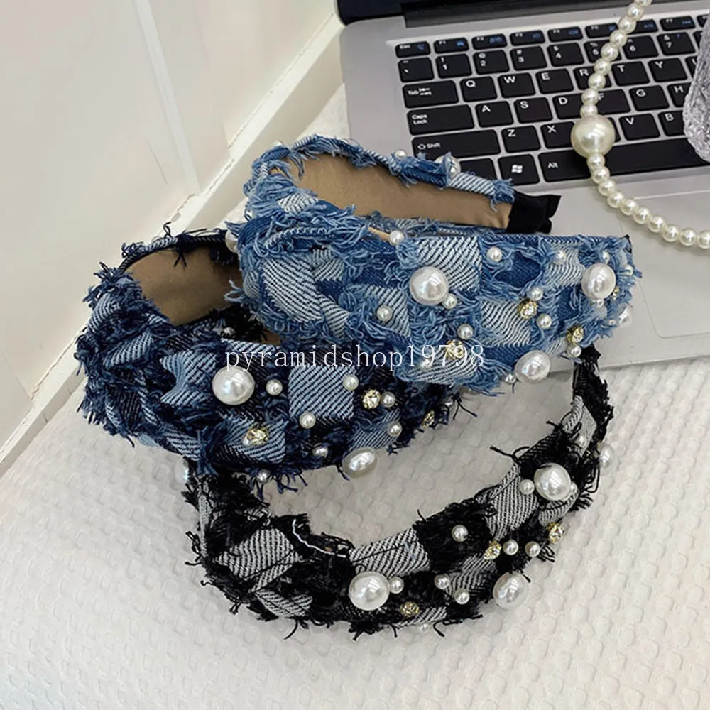 New Korean Denim Knotted Headband Pearl Rhinestone Girls Wide-brimmed Head Hoop Plaid Tassels Hairband Hair Accessories