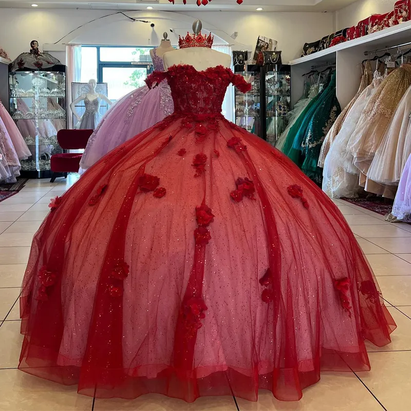 Lyxig röd bollklänning rosa quinceanera klänning glittrande 3d blommig vestido de 15 anos söt 16 födelsedagstävling prinsessan fest klänning