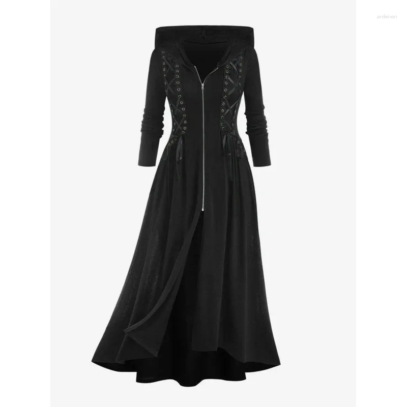 Trench da donna ROSEGAL Plus Size Cappotto con cerniera con lacci e cappuccio Donna Autunno Inverno Capispalla alto basso Maxi Nero Rosso Felpe con cappuccio lunghe Top