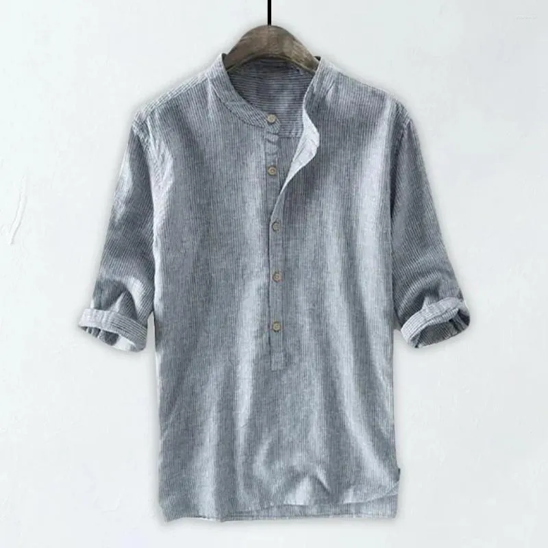 Camicie casual da uomo Camicia con bottoni in cotone e lino O-Collo Camicette in tinta unita Primavera Autunno Top con maniche a 3/4 Abbigliamento quotidiano Abbigliamento maschile