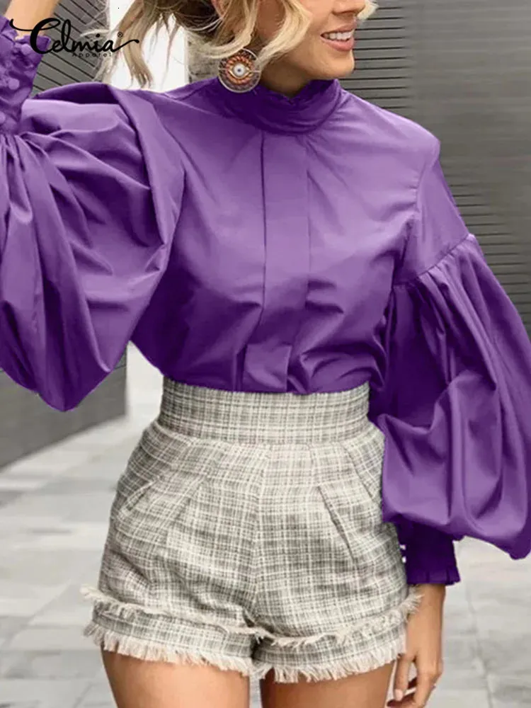 Celmia Shirts and Blouses for Women Fashion Purple Tops Elegant Lantern Sleeve Chic Blusa Autumn Stylish Clothing Oversized 231227