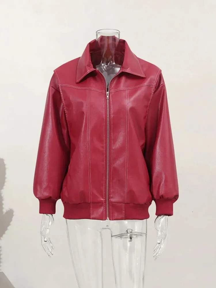 Cherry Red Leather Womens Loose Lapel Zipper Jacket Long Sleeve