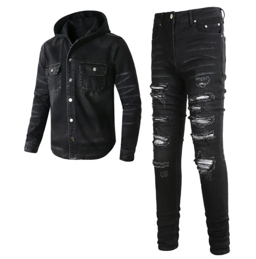 2023 Tracksuits Punk Street Men039s Black 2pcs Jeans Sets Spring Hooded Denim Jacket and Ripped Patch Stretch Pants Vintage Men9415456