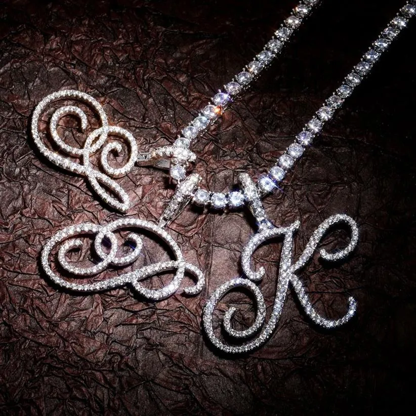 A-Z Single Cursive Letter Pendant Necklace Charm Men Women Fashion Hip Hop Rock Jewelry with Rope Chain244d