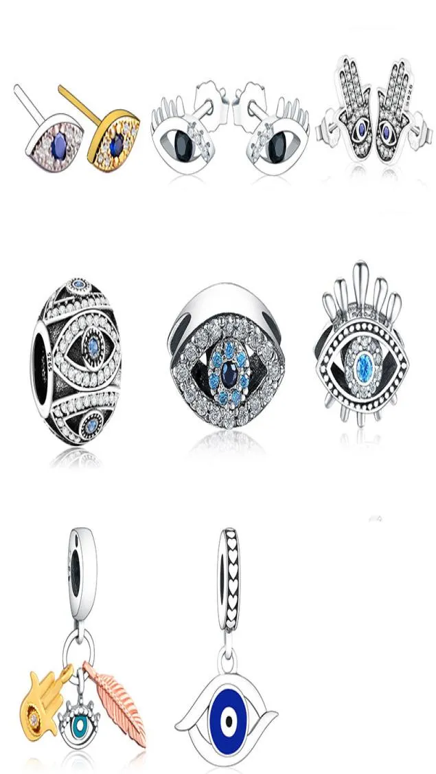 925 Silver Fit P Charme 925 Bracelet Bracelet Neckalce 925 Sterling Silver Turque Turquia azul Evil Eye Zirconia Charms de contas de pingente pingente DIY Jóias