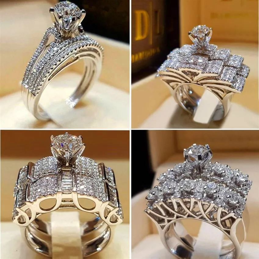 Novo anel da moda definido com diamantes reais incrustados com 100% S925 Sterling Silver Wedding Ring for Women and Men's Anniversar269G