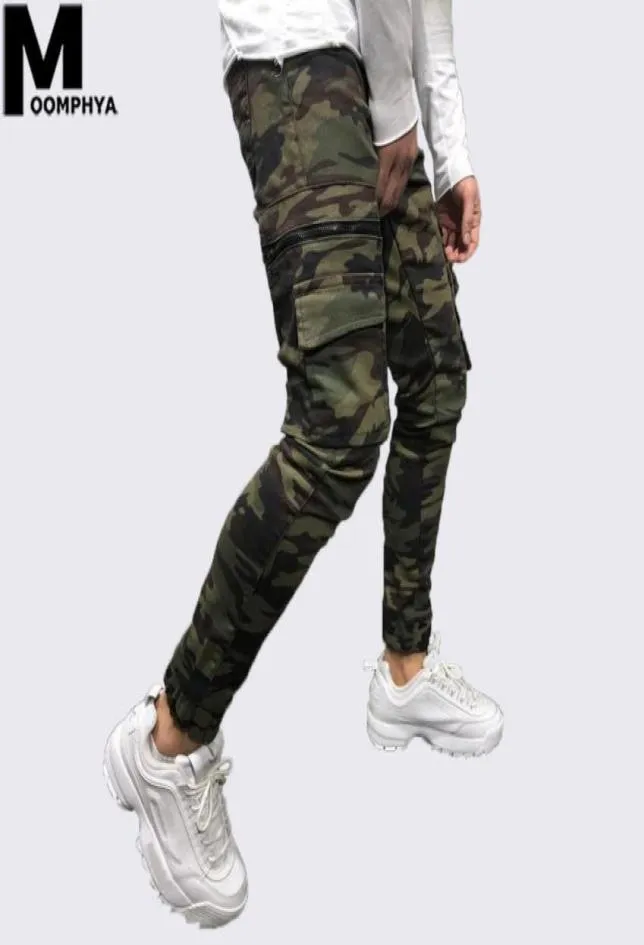Moomphya 2019 New Camo pocket skinny jeans men Streetwear hip hop zipper camoflage men jeans Stylish Cargo pants biker8804436