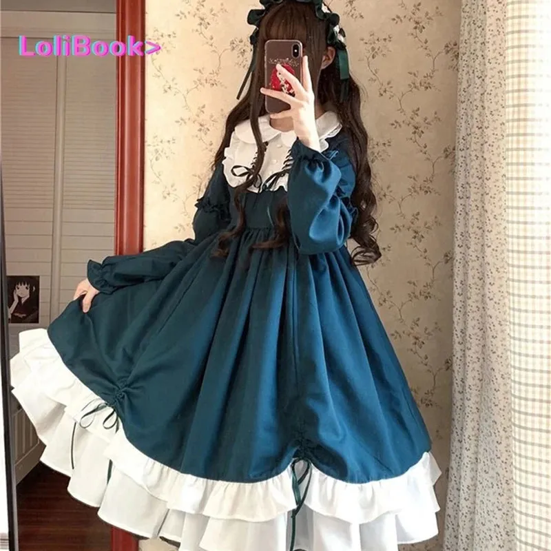 Japanese Harajuku Long Sleeves Doll Teen party Dress Fairy Vestidos Cute Women Lolita OP Flouncing Lace Trim evening dress 231228