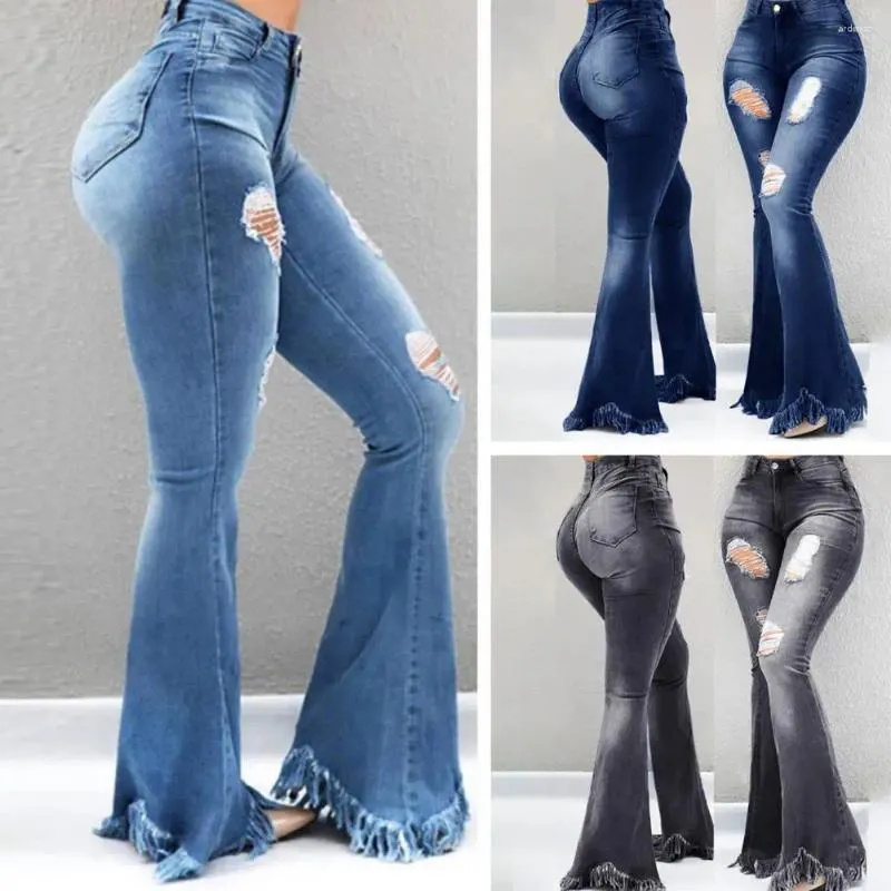 Jeans pour femmes Femmes Pantalons en denim évasés avec taille haute Trous déchirés Design Poignets à pompon pour bouton de fermeture à glissière d'automne