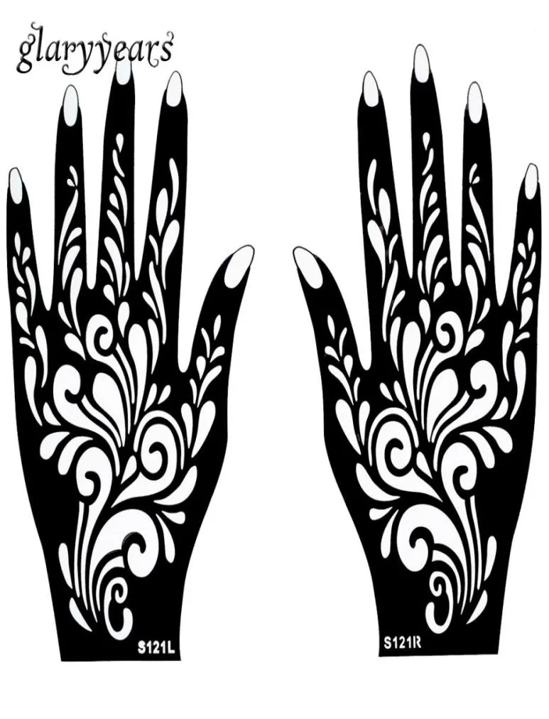 Whole1 Pair Hands Mehndi Henna Tattoo Stencil Flower Mönster Design för kvinnor Body Hand Art Målning Disponibla 20 cm 11cm S6942953