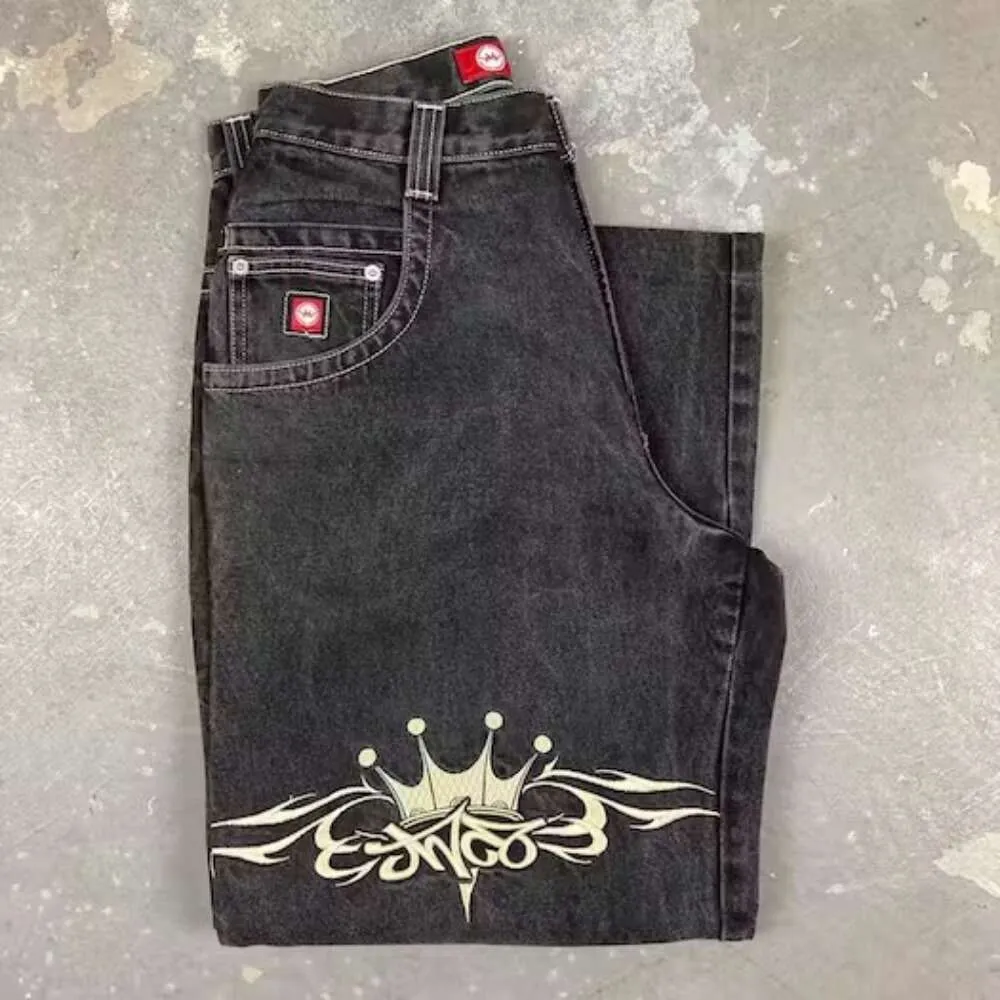 Streetwear jnco y2k haruku hip hop retro grafisk broderad baggy jeans svarta byxor herr punk rock gotiska breda byxor