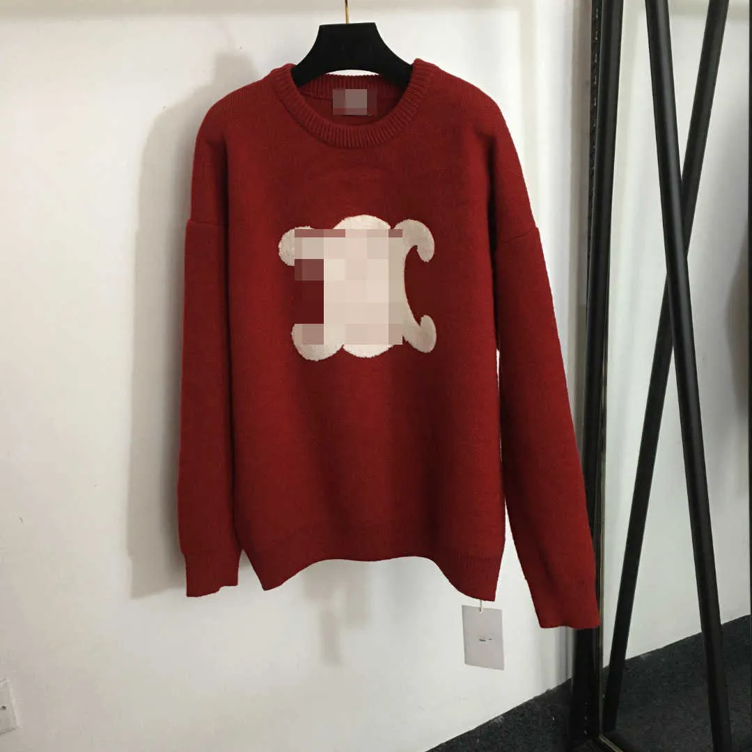 Suéteres femininos nova tendência ano chinês versátil arco triunfal pelúcia bordado manga comprida pulôver camisa de malha vermelha
