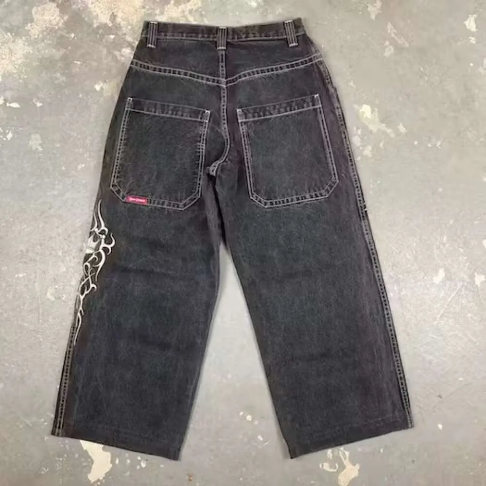 Streetwear JNCO Y2K Haruku Hip Hop rétro graphique brodé Baggy jean pantalon noir hommes Punk Rock gothique pantalon large