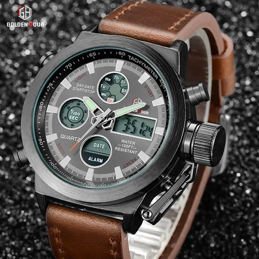 GOLDENHOUR Dropship Hombres Reloj de Cuarzo Reloj de Pulsera con Pantalla Digital Relojes de Cuero Militar Reloj Masculino Resistente al Agua Relogio Masculino3206