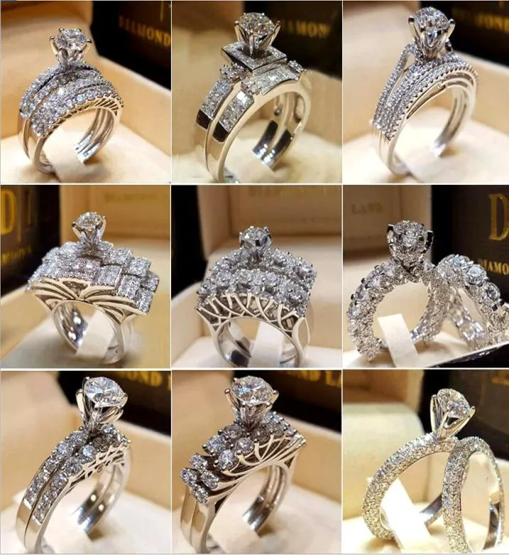 30pcslot cristal mixte blanc rond anneau marque de luxe promet argenter anneau de fiançailles vintage bagues de mariage pour la femme6416645