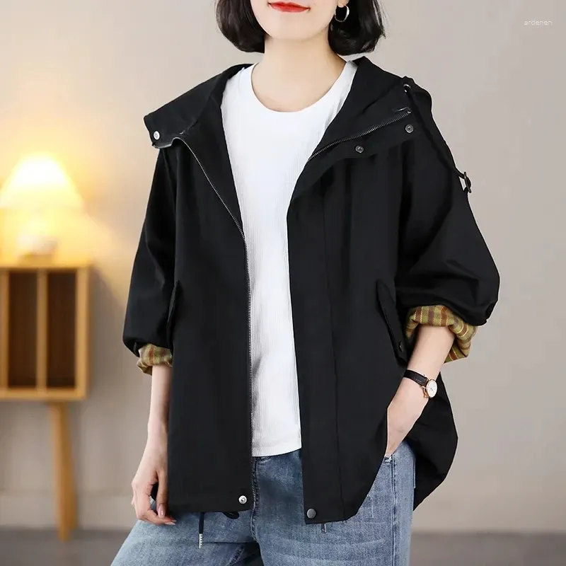 Women's Trench Coats Jacket 2023 Spring Autumn Hooded Loose Casual Female Windbreaker Korean Version Long Sleeved Ladies Coat