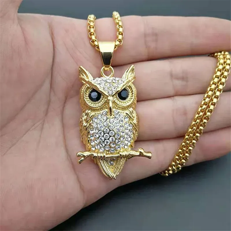 Hip Hop glacé hibou pendentif collier pour femmes couleur dorée 14k or jaune Animal Bling AAA CZ colliers femmes bijoux