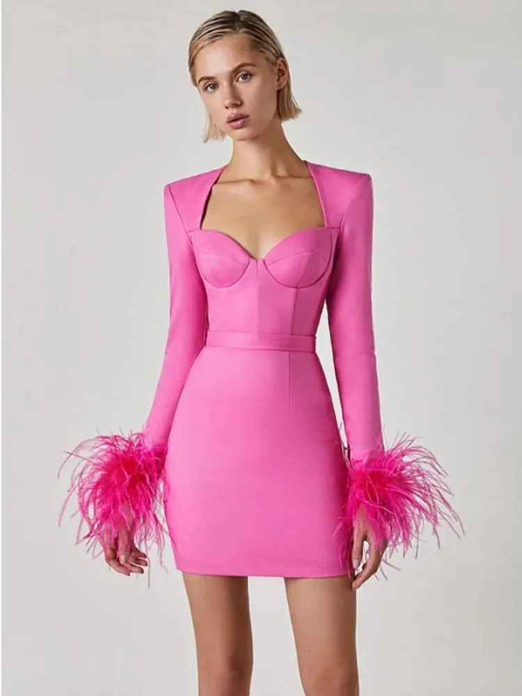 Women Winter Sexy Long Sleeve Feathers Pink Black Mini Bodycon Bandage Dress Elegant Evening Party 231227