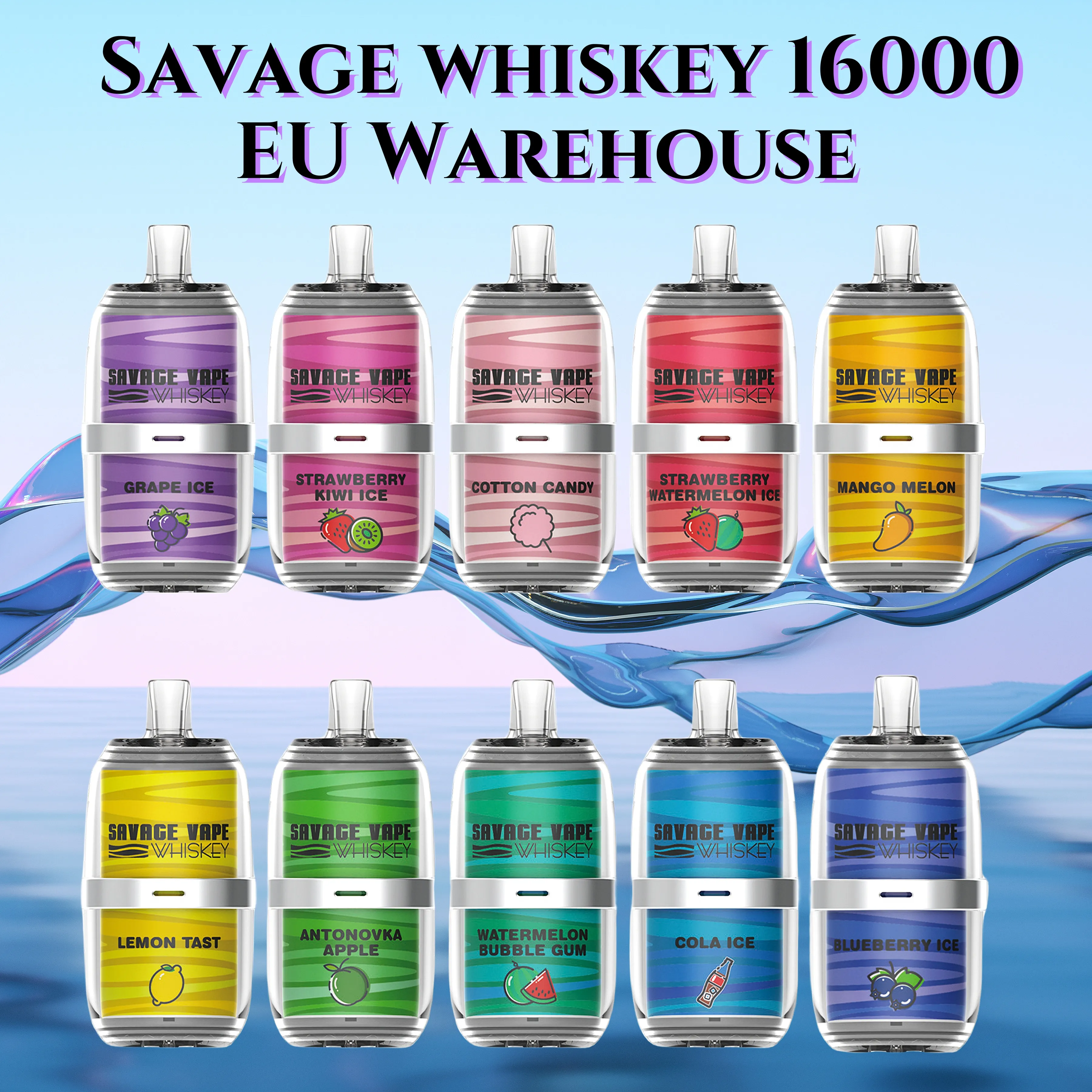 Savage Whisky 16000 desechable Vape Pen e Cigarrillo Eu almacén 26 ml 650mAh Mesh bobina 6 colores LGB Light Type-C Barra de rodillera Recargable Vs Tornado Vape 9K Puff 15K