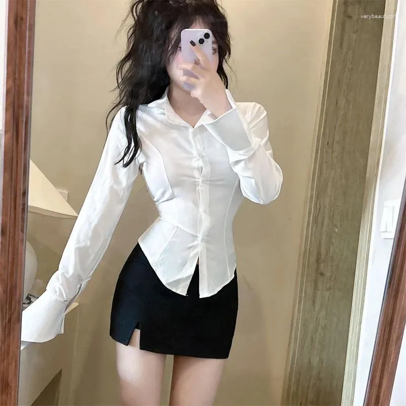 Blusas femininas 2023 moda estilo coreano camisa tops preto mulheres cabidas cintura sino manga