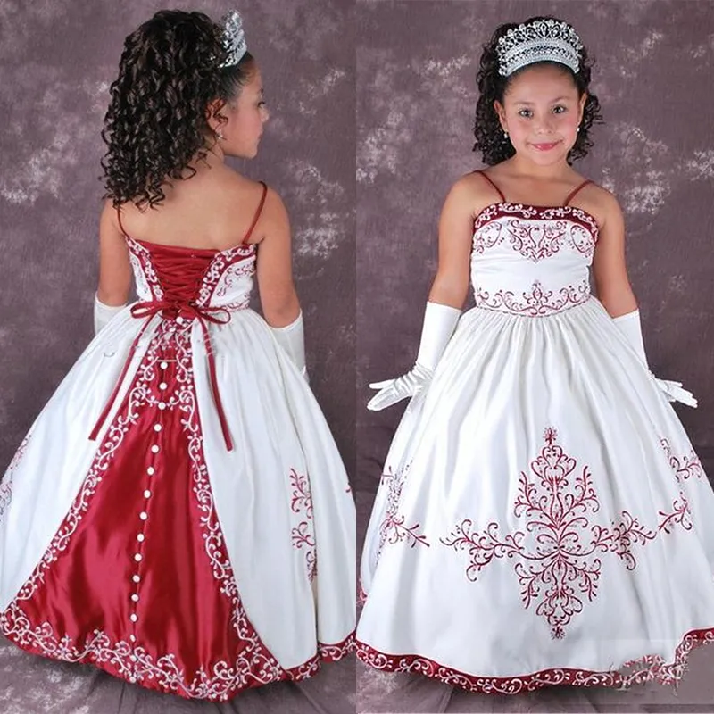 Bordado clássico flor meninas vestidos branco e borgonha uma linha espaguete longo vestidos de festa de casamento sem mangas verão crianças formal wear 2024