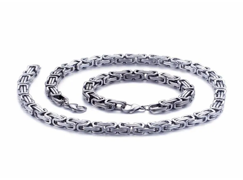 5mm6mm8mm wide Silver Stainless Steel King Byzantine Chain Necklace Bracelet Mens Jewelry Handmade8411909