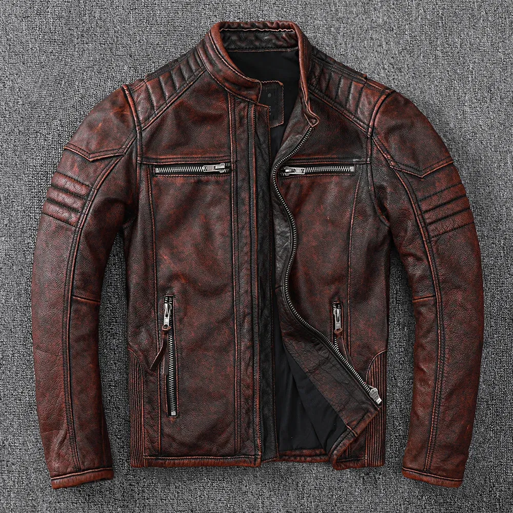 Vintage Motorcycle Jacket Mens Genuine Cowhide Leather Biker Coat