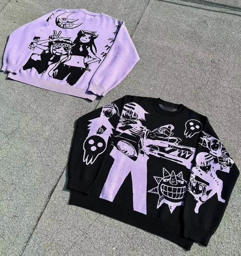 Y2K Suéter gótico Mujeres Harajuku Sudadera de gran tamaño Hombres Anime Prendas de punto Bordado Jersey Kpop Moda Top Streetwear Ropa 231228