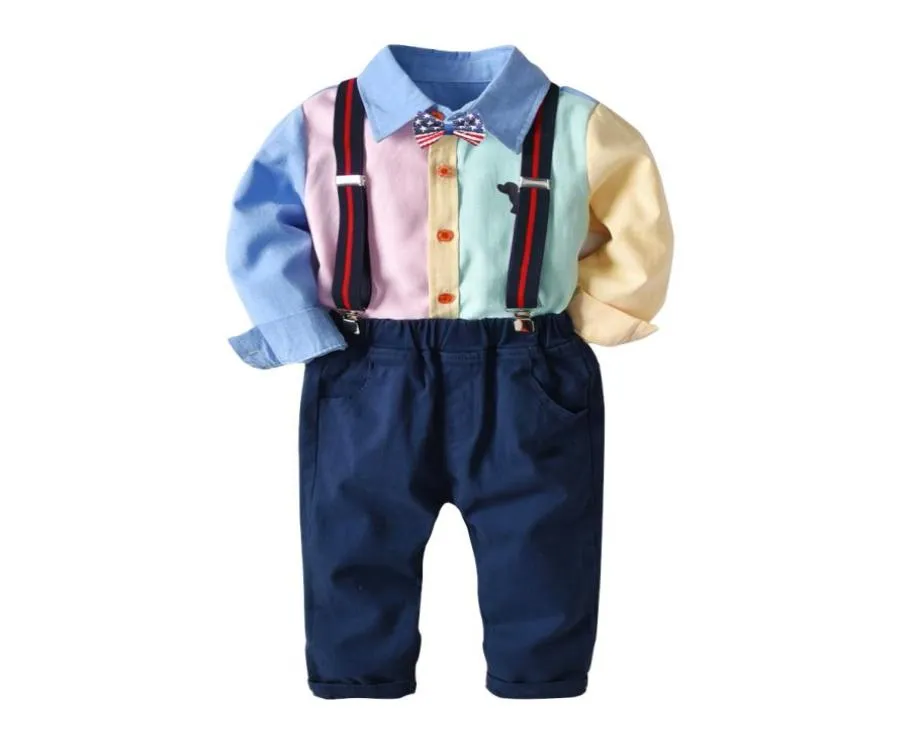 Комплект одежды для мальчиков, детская рубашка в полоску в клетку с галстуком-бабочкой и брюки на подтяжках, комплект из 2 предметов, детская одежда5907431