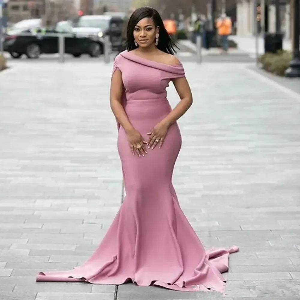 Mermaid Long Pink African Women Bridesmaid Dresses Sleeveless Side Shawl Elegant Formal Evening Gowns One Shoulder Black Girls Prom Dress