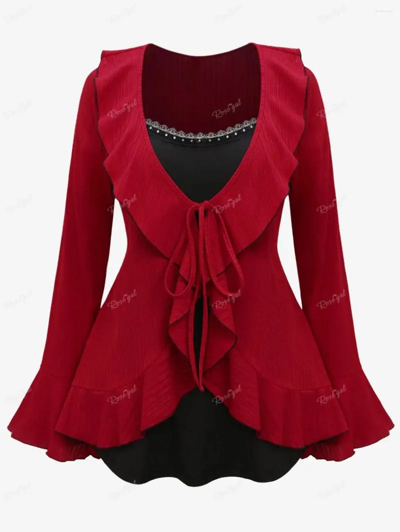Женские футболки ROSEGAL, одежда больших размеров, красные оборки, завязанные кружевной отделкой, заклепки, женская футболка 2 в 1, осень 2023, повседневные топы, блузка, футболка