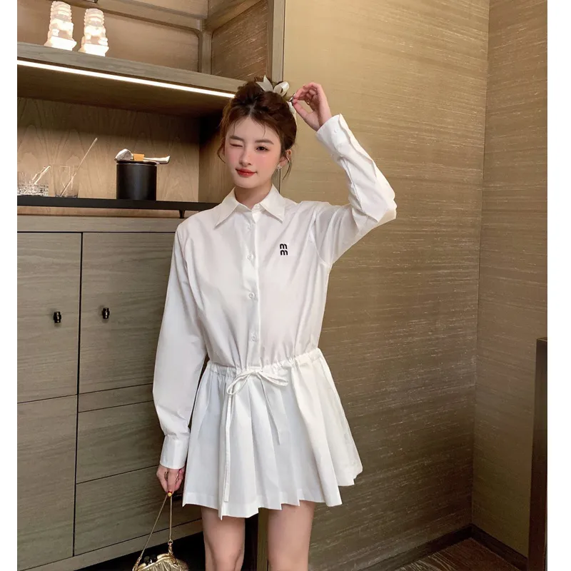 Designer Womens Dress Spring Fashion New Embroidery Drawstring Pleated Long-sleeved Dresses