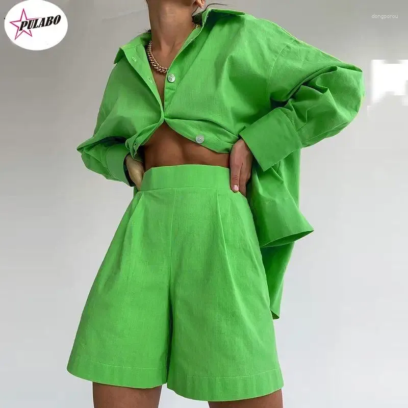 Dames trainingspakken PULABO Casual dames korte set trainingspak loungewear tweedelige outfits oversized lang shirt en hoge taille shorts groen