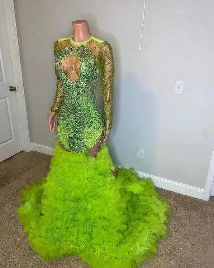 Green Mermaid Mermaid Green prom dress with Sheer Neckline, Ruffles, and Beaded Long Sleeves - Perfect for Evening Parties and Birthdays in 2024