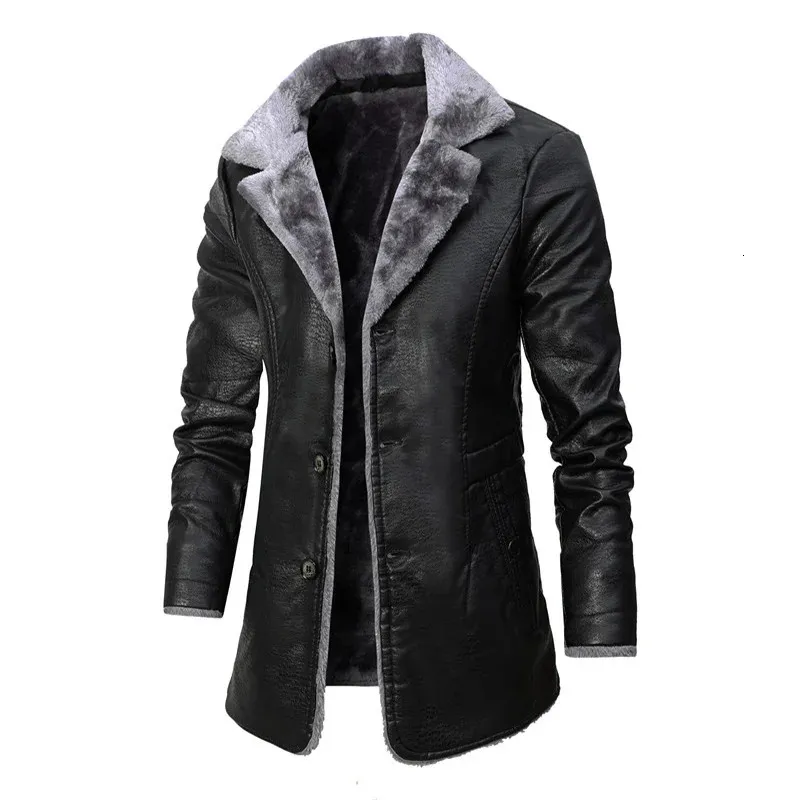 Llegó chaqueta de cuero de invierno para hombre, chaqueta de cuero de motorista con solapa y forro polar, abrigos largos informales de negocios de cuero sintético para hombre 231227