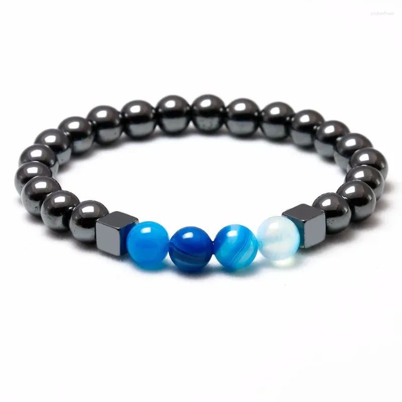 Strand Blue Stripe Onyx pärlor armband armband elastiska repkedja 8mm natursten hematit för män kraftsmycken