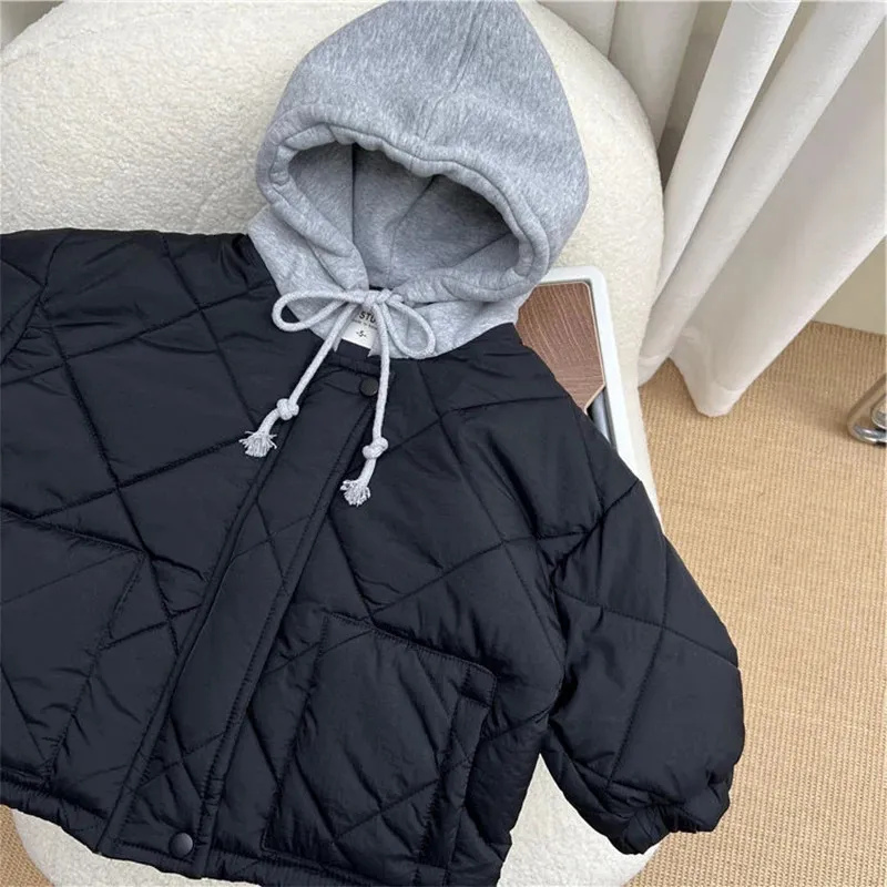 Children Cotton Padded Coats Winter Solid Plaid Warm Boys Girls Hooded Parka 1 8Years Kids Casual Quilted Jackets 231228