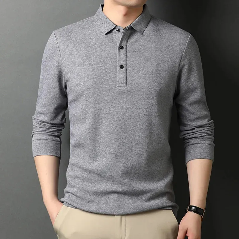 Mens Polo Shirts Casual Business Solid Color Cotton Long Sleeve T Shirt For Men Wid Down Men's Clothing 231227